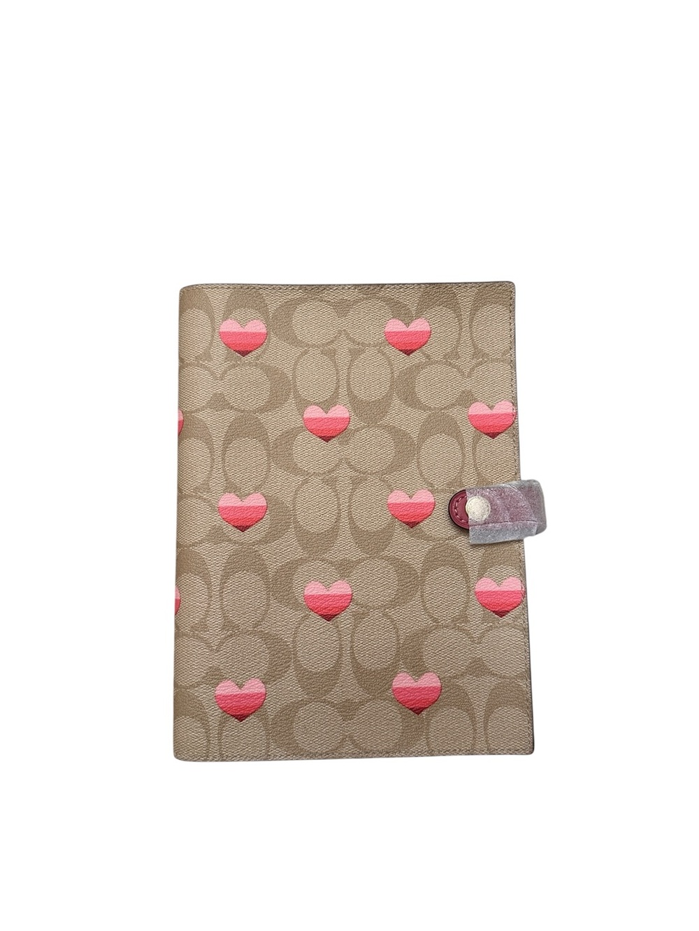 Coach Pink Stripped Heart Tan Signature Coated Canvas Pink Leather Notebook New